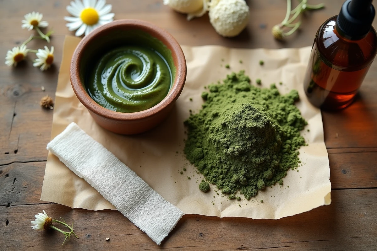 Flat lay des ingrédients pour préparer un cataplasme d'argile verte avec poudre, pâte, gaze et eau sur table en bois