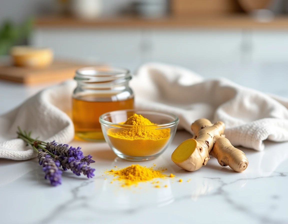 Ingrédients naturels validés par la science pour traiter une brûlure au pied : curcuma, gingembre, miel cru et lavande sur un comptoir en marbre