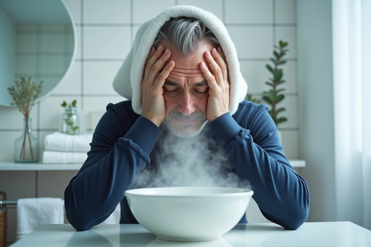 Homme réalisant une inhalation de vapeur d'eau pour calmer une quinte de toux