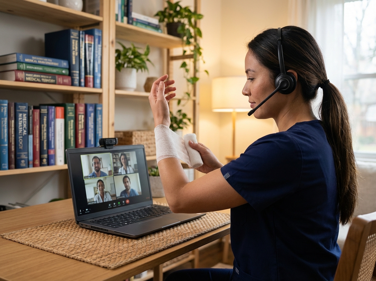 Instructrice en scrubs montrant bandages lors d