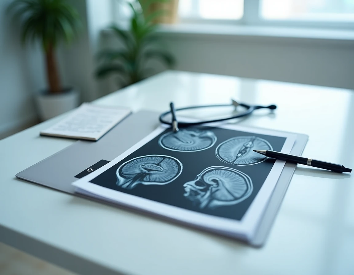 IRM cérébrale imprimée montrant des hypersignaux de la substance blanche associés au stress chronique sur une table médicale