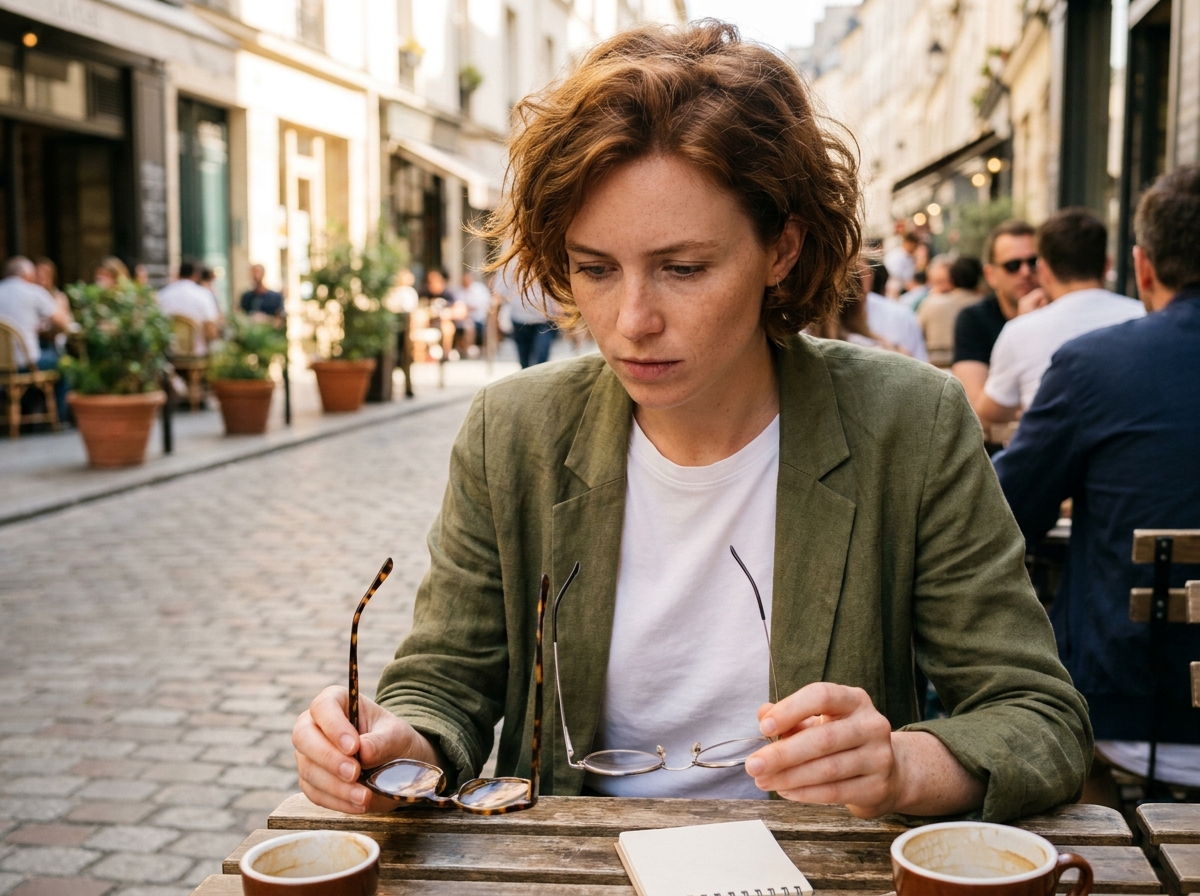 Jeune femme comparant deux paires de lunettes sur une table de terrasse de café parisien en extérieur
