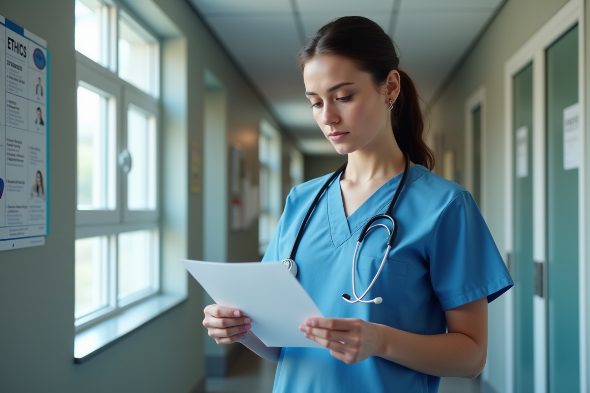 Jeune femme médecin examinant un dossier dans un couloir d