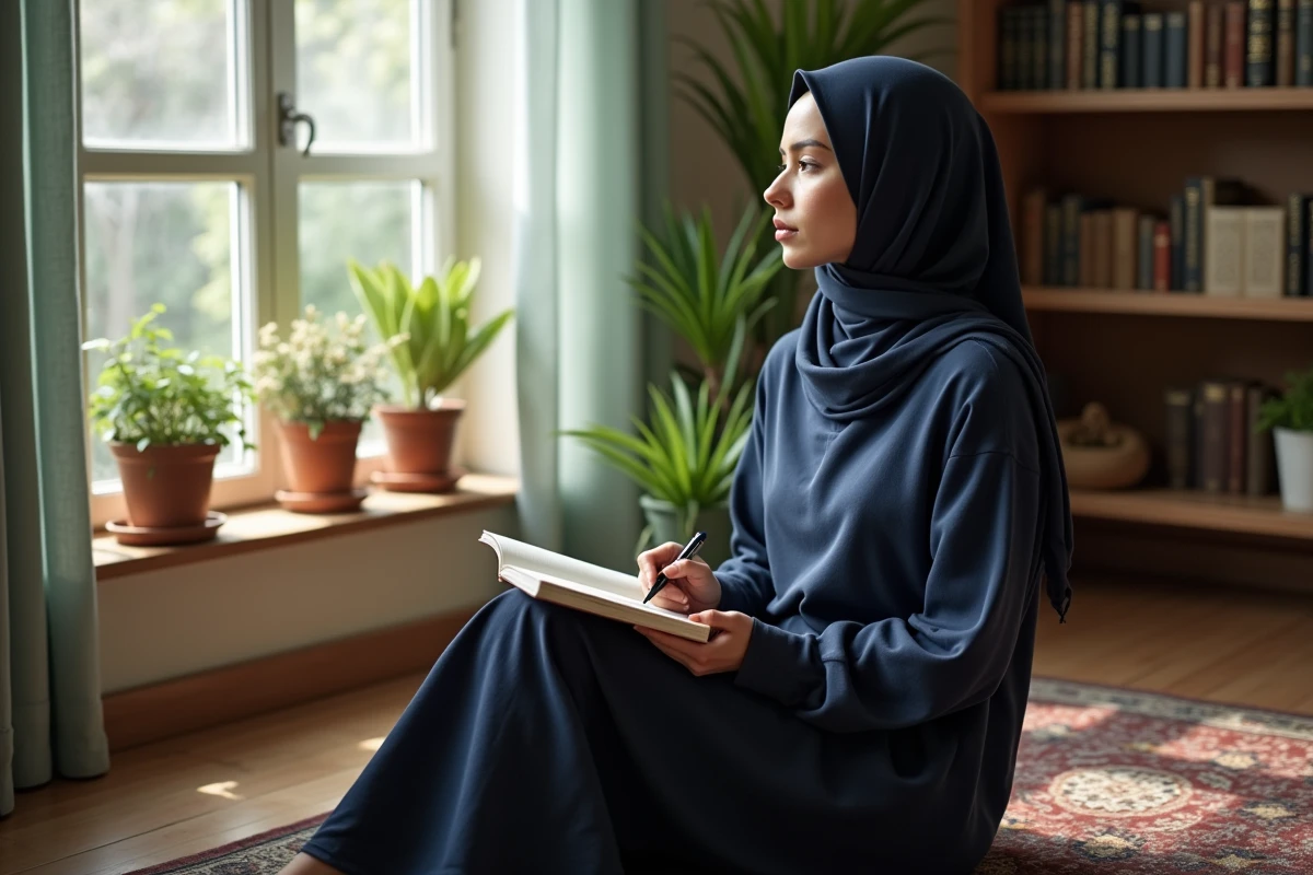 Jeune femme musulmane pensant près de la fenêtre