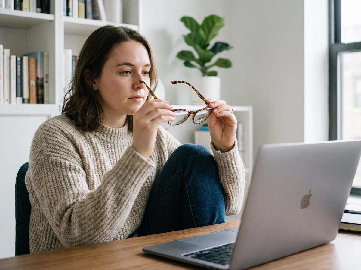 Jeune femme essayant des lunettes devant son ordinateur à la maison