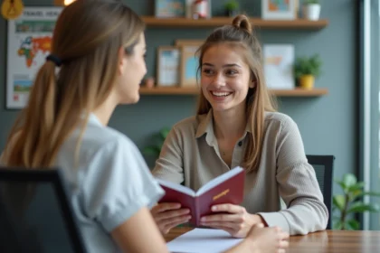 Jeune femme en voyage discutant avec un professionnel de santé