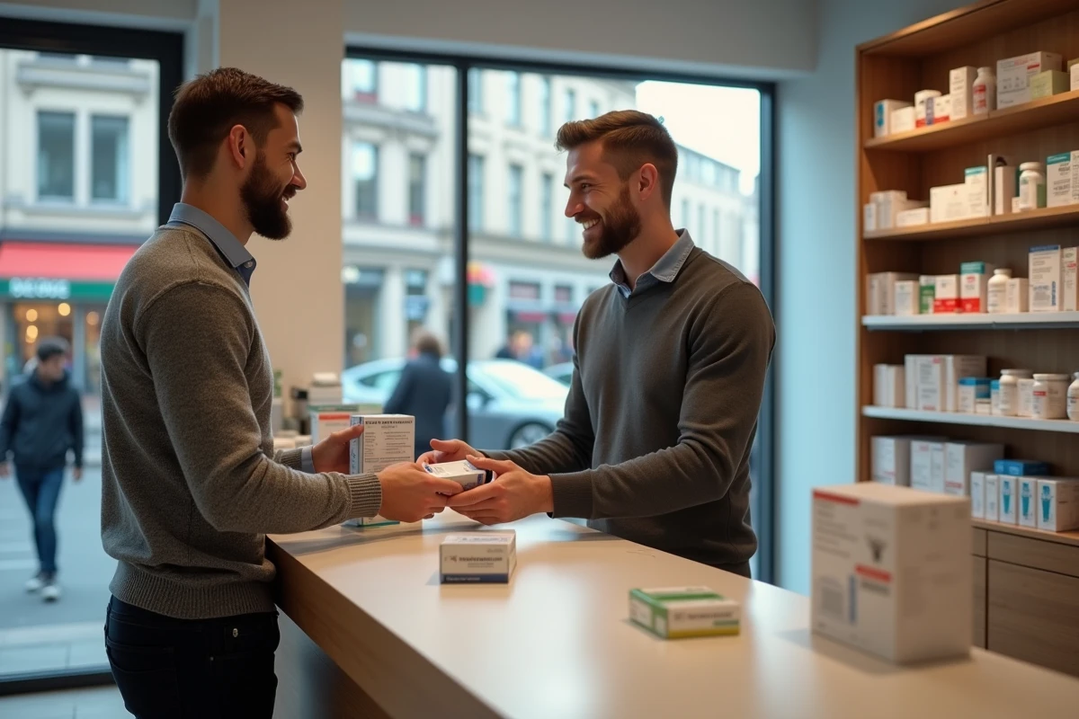 Jeune homme achète un médicament dans une pharmacie moderne