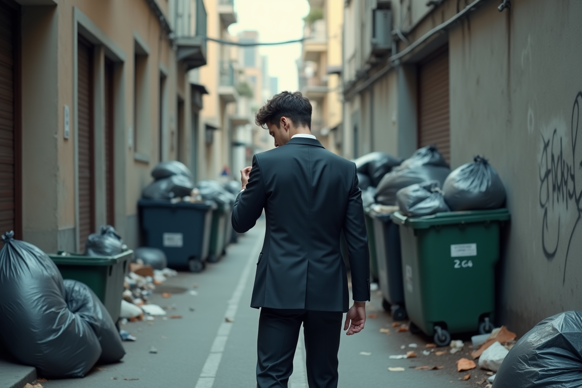 Jeune homme en costume évitant la poubelle de la ville