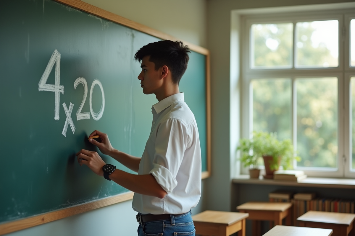 Jeune homme écrivant 4x20 au tableau dans une classe lumineuse