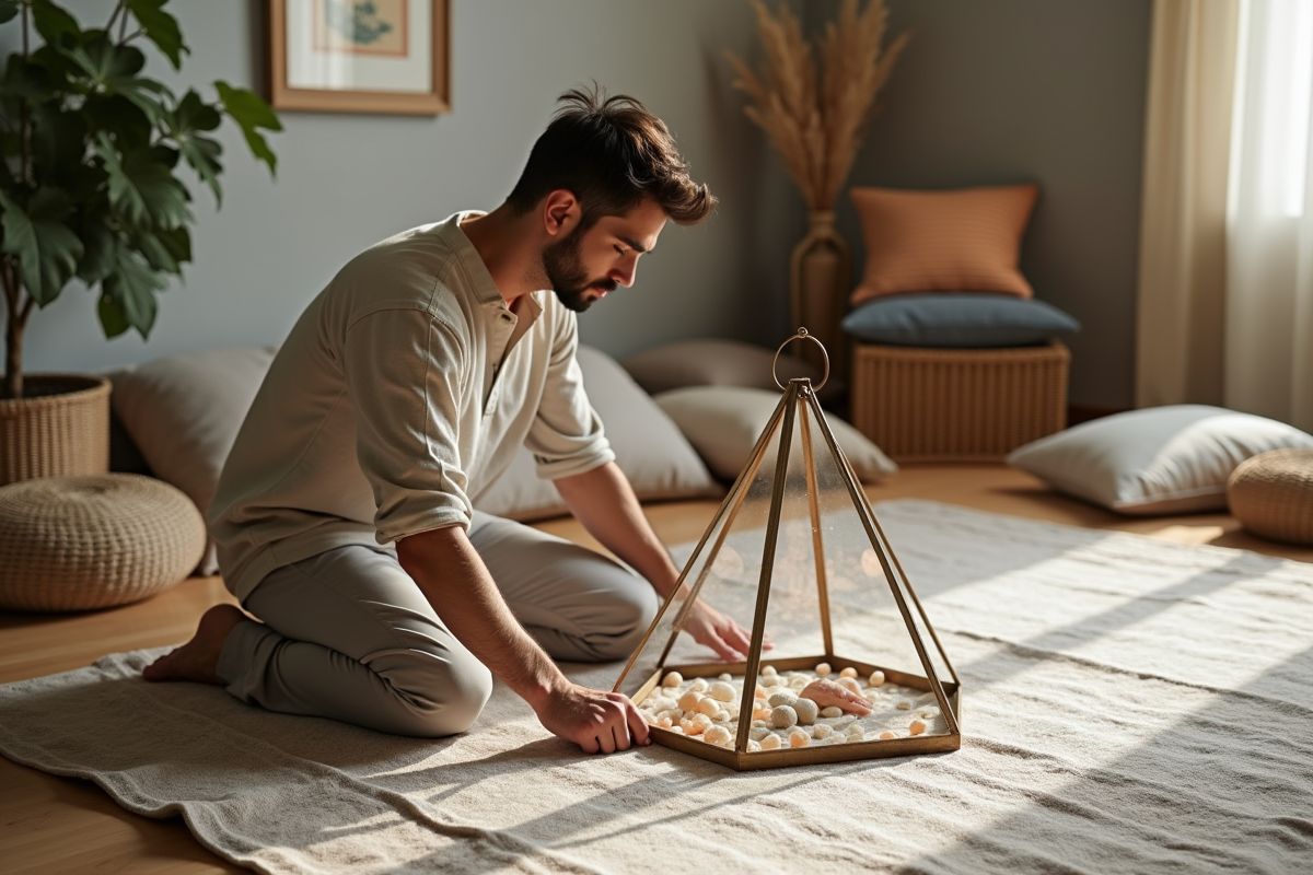 Jeune homme arrangeant des pierres sur un tapis d