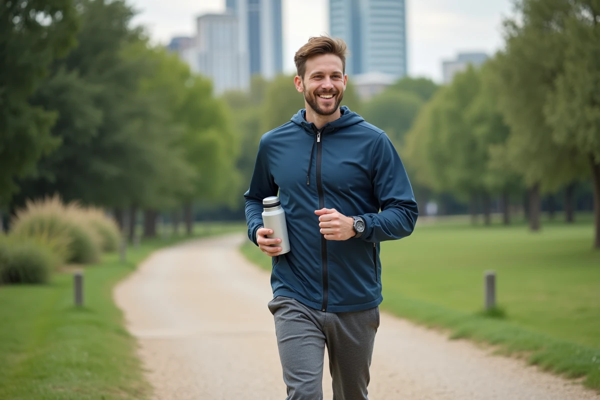 Jeune homme marche dans un parc urbain en souriant