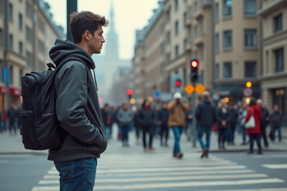 Jeune homme en hoodie attend au passage piétons