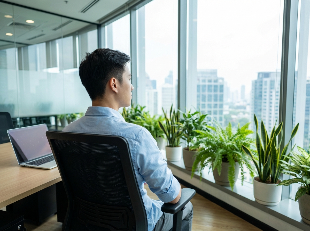 Jeune homme regardant par la fenetre dans un bureau moderne
