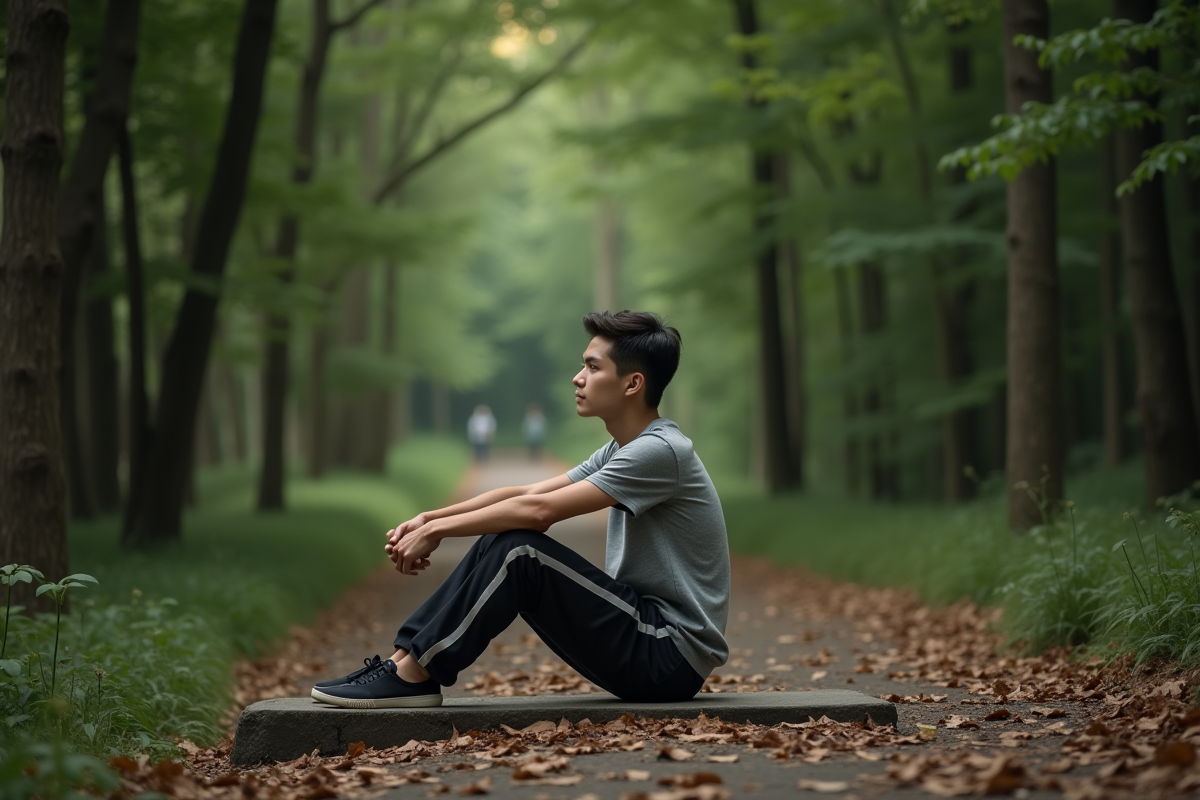 Jeune homme assis sur une pierre dans la forêt en soirée