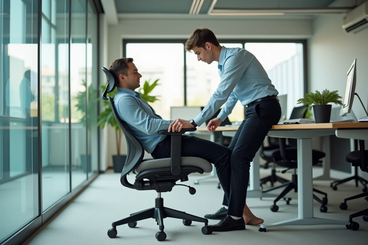 Jeune homme au bureau faisant un étirement de mollet