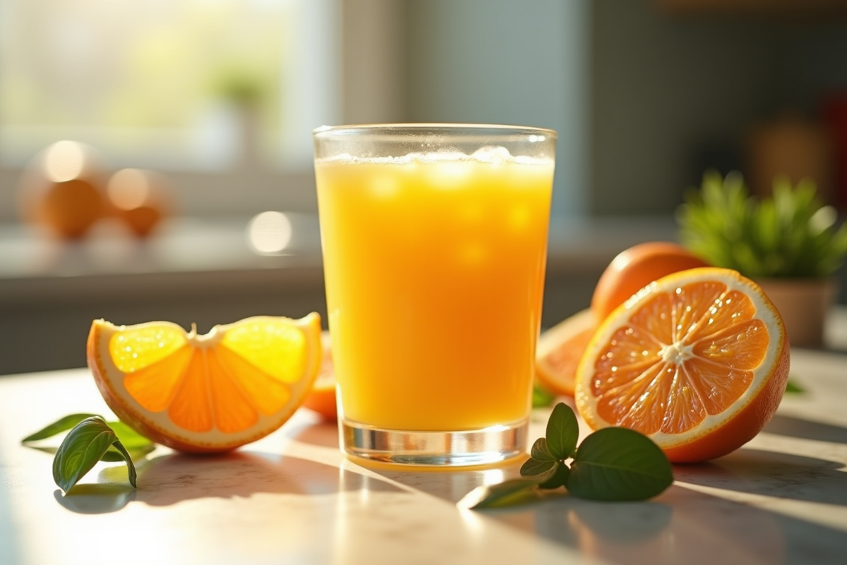 Verre de jus d orange fraîchement pressé sur un plan de travail moderne