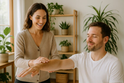 Photo d'un kinésithérapeute souriant guidant un client dans un studio paisible
