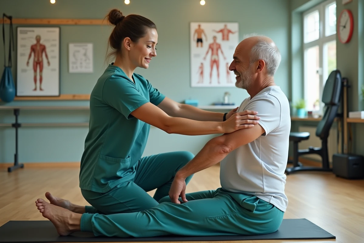 Kinésithérapeute guidant un patient dans un exercice de rééducation lombaire dans une salle de physiothérapie équipée
