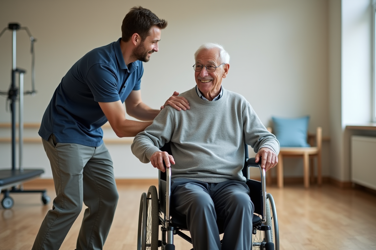Kinésithérapeute aidant un homme âgé en fauteuil roulant