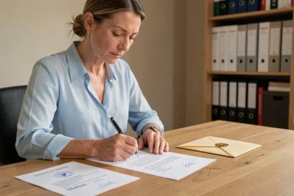 Femme rédigeant une lettre administrative adressée à la CPAM du Rhône depuis son bureau à domicile