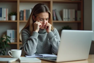 Femme serrant la mâchoire devant son ordinateur portable dans un bureau à domicile, illustrant le stress quotidien et la tension de la mâchoire