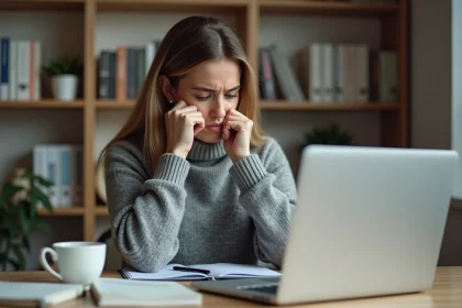 Femme serrant la mâchoire devant son ordinateur portable dans un bureau à domicile, illustrant le stress quotidien et la tension de la mâchoire