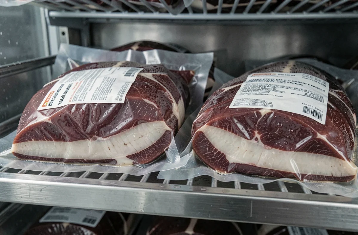 Deux magrets de canard sous vide emballés dans du plastique transparent sur une étagère en inox de chambre froide professionnelle