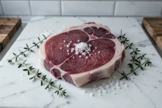 Magret de canard frais posé sur un comptoir en marbre blanc dans une boucherie française, avec thym frais et gros sel