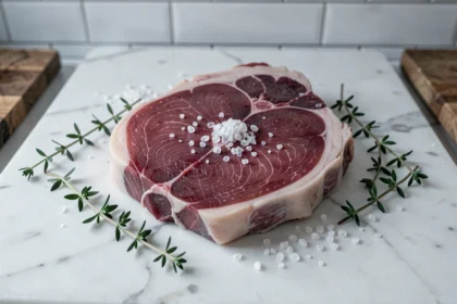 Magret de canard frais posé sur un comptoir en marbre blanc dans une boucherie française, avec thym frais et gros sel