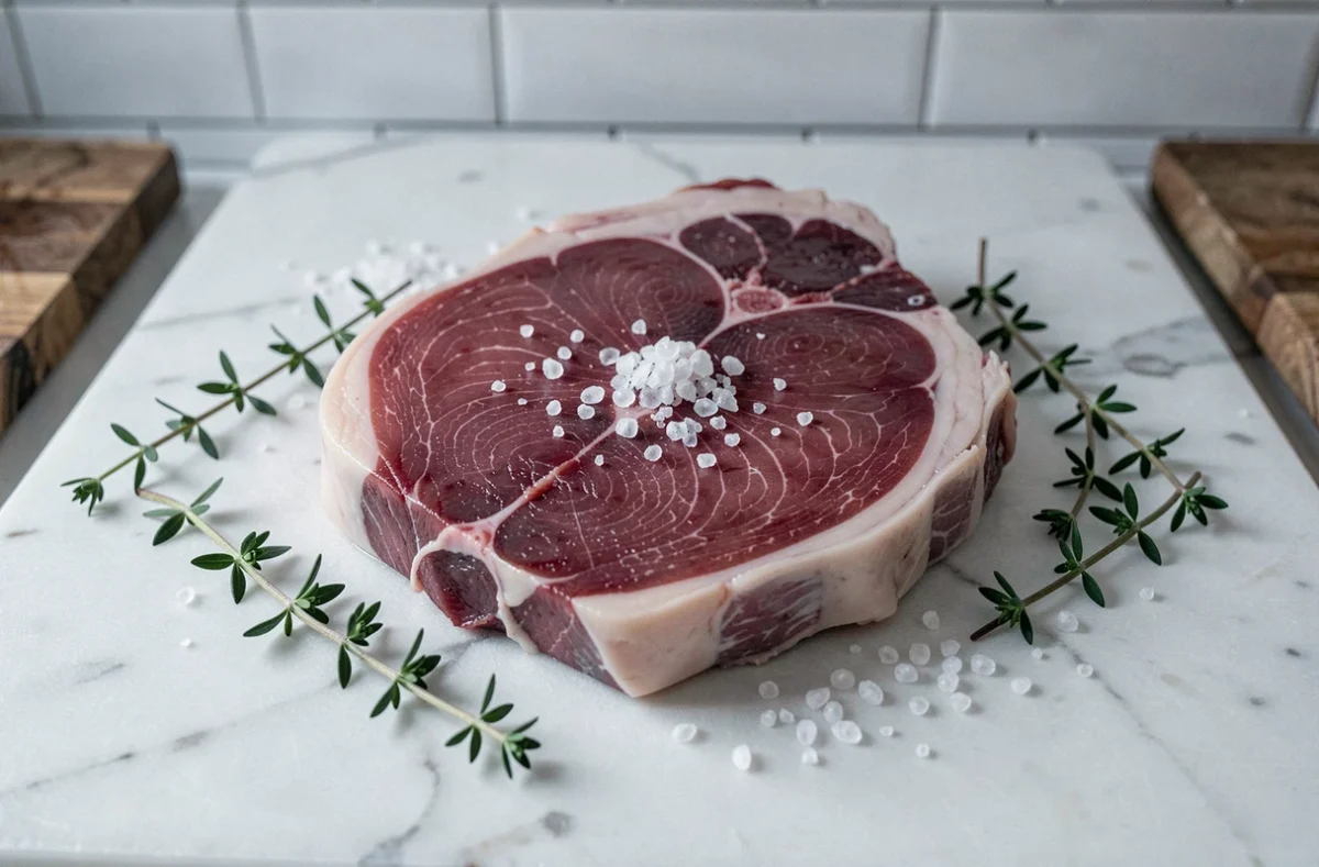 Magret de canard frais posé sur un comptoir en marbre blanc dans une boucherie française, avec thym frais et gros sel