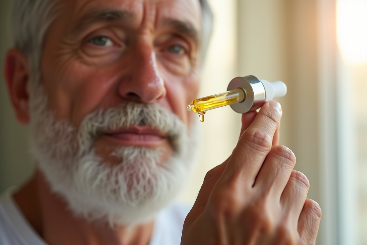 Mains d homme senior tenant goutte de serum vitamine C