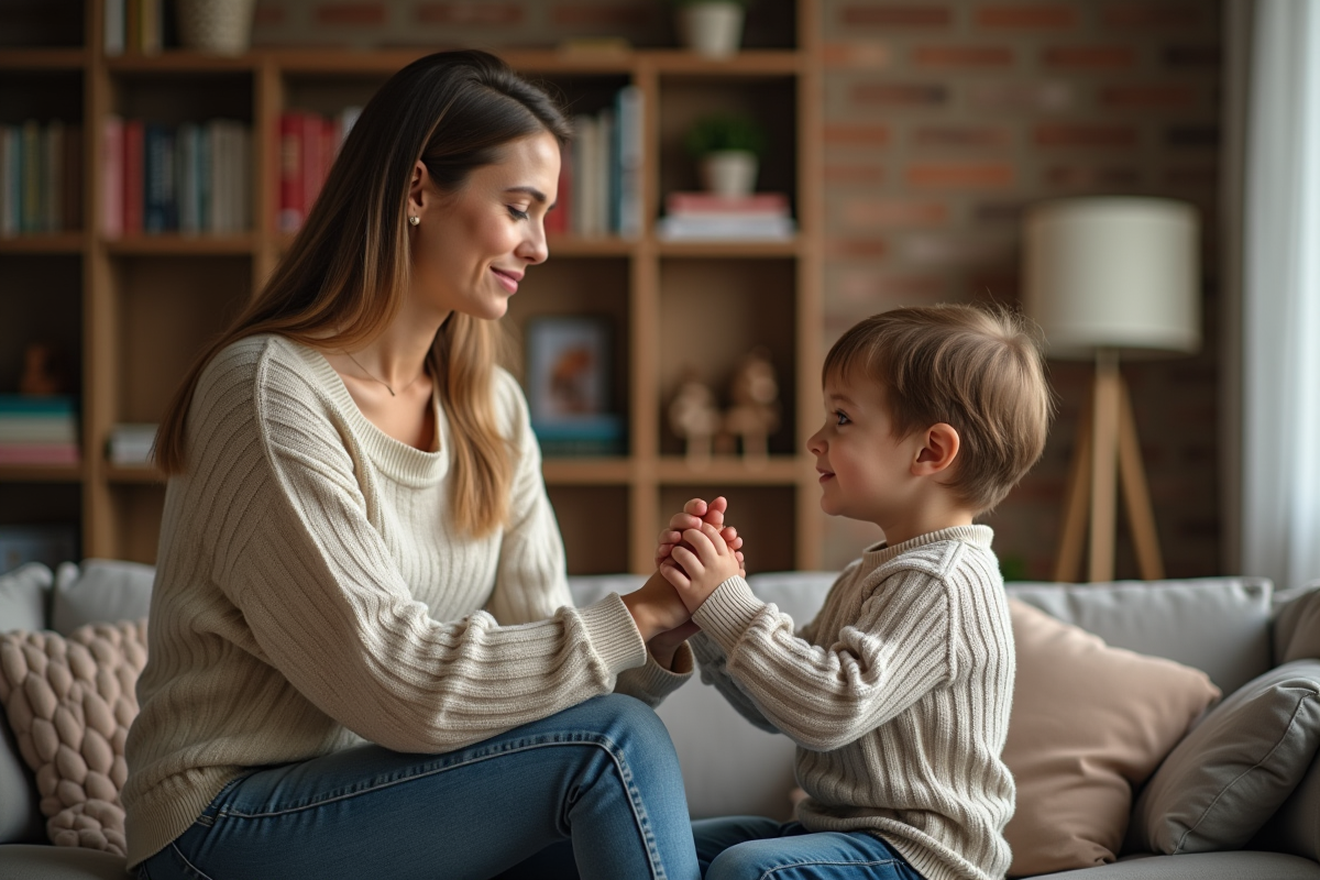 Maman et son enfant main dans la main dans un salon chaleureux