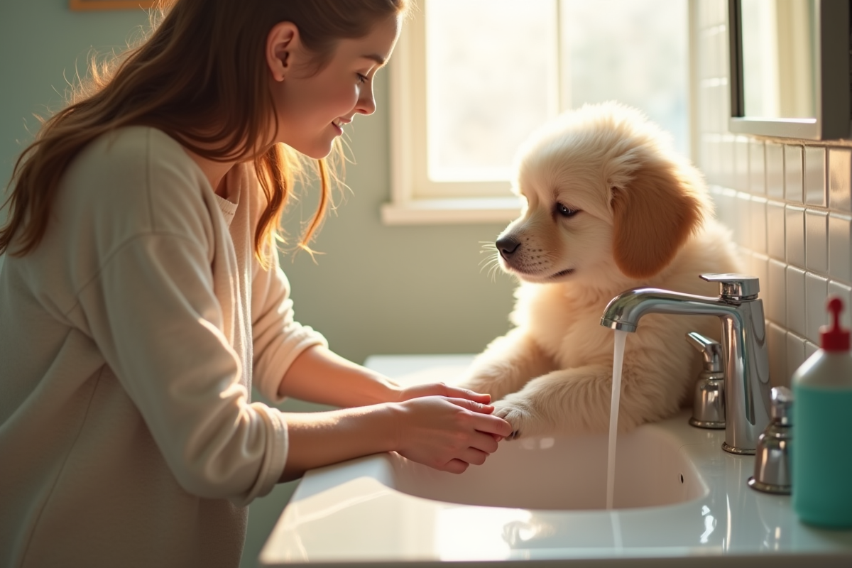 Maman aide un enfant à se laver les mains après avoir joué avec le chien