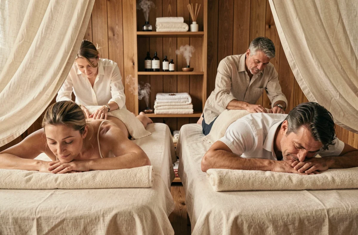 Couple recevant un massage en duo dans une salle de soin bien-être à Toulouse