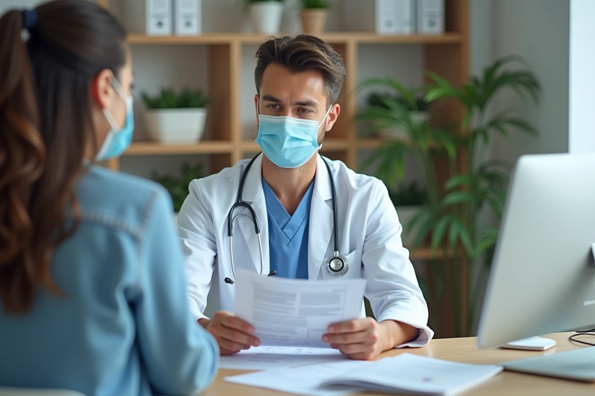 Médecin expliquant un document à un patient en cabinet