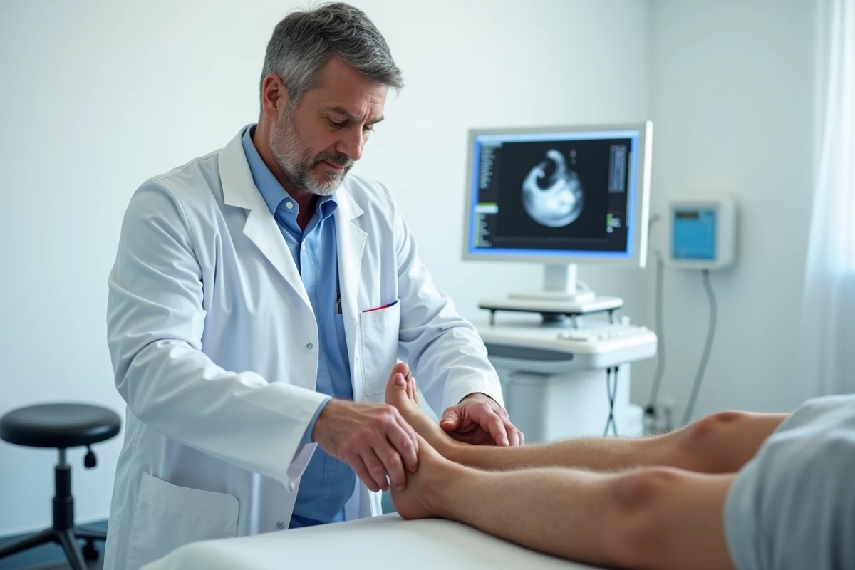 Médecin vasculaire examinant les jambes d'un patient pour diagnostiquer une douleur à la veine saphène