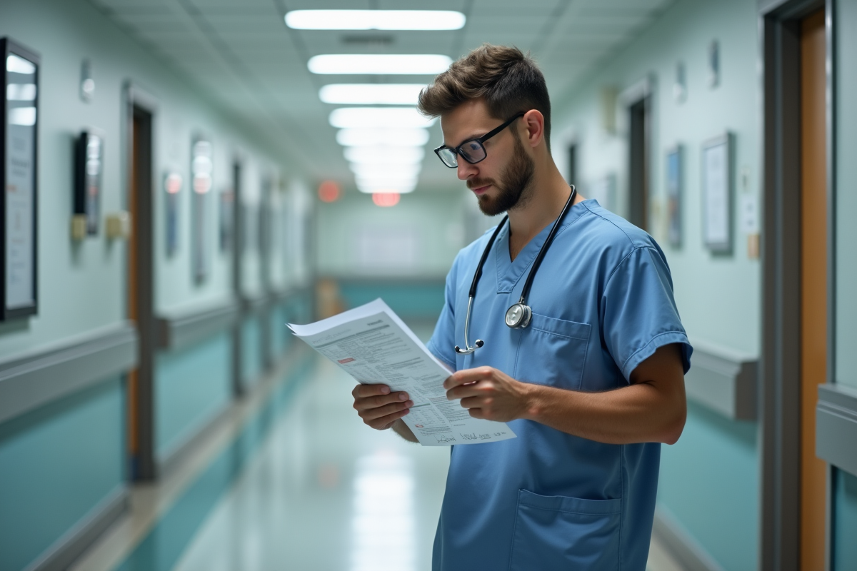 Jeune dermatologue homme examinant un dossier dans un couloir d