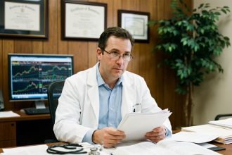 Médecin libéral masculin examinant des documents d'assurance dans son cabinet médical privé