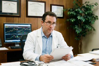 Médecin libéral masculin examinant des documents d'assurance dans son cabinet médical privé