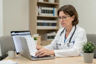 Médecin spécialiste cherchant un numéro ADELI sur un ordinateur portable dans un cabinet médical