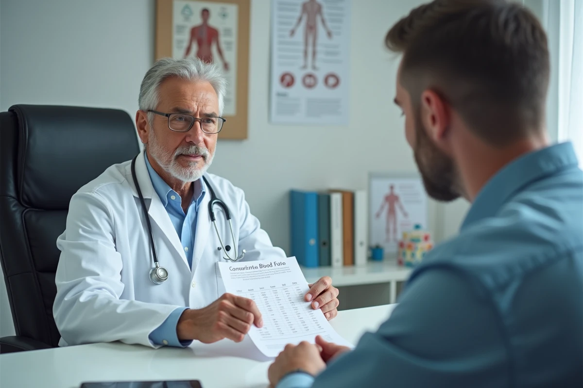 Médecin expliquant des résultats d'analyse sanguine SGPT à un patient lors d'une consultation