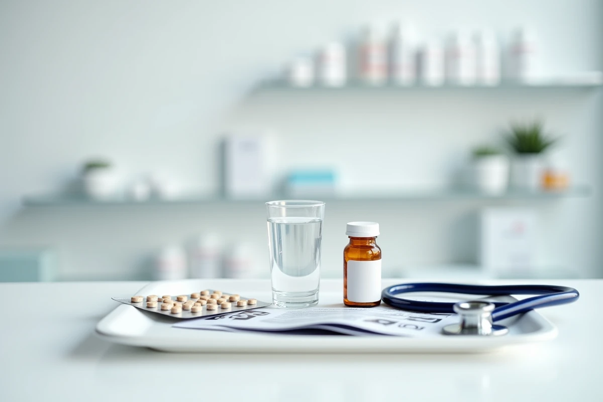 Médicaments et ordonnance sur un plateau médical blanc pour traiter une infection urinaire ou une mycose avec réaction ganglionnaire