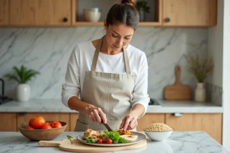 Femme préparant un repas équilibré dans une cuisine moderne pour un menu minceur hebdomadaire