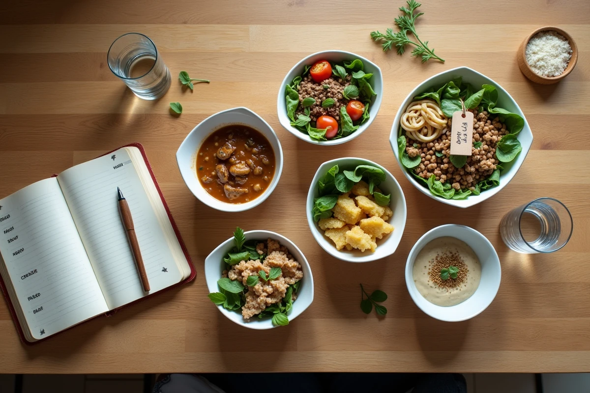 Menu type minceur sur une semaine présenté en flat lay avec journaux alimentaires et repas équilibrés