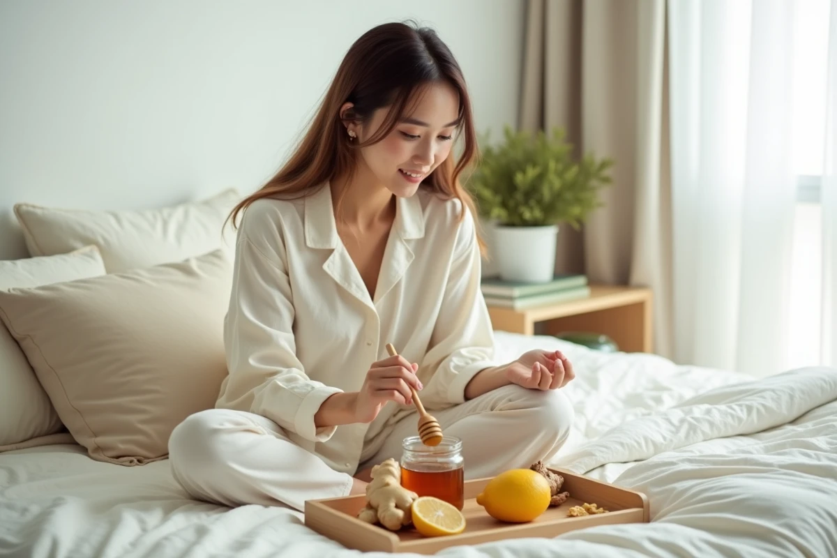 Jeune femme utilisant du miel et du gingembre comme remède naturel contre la toux
