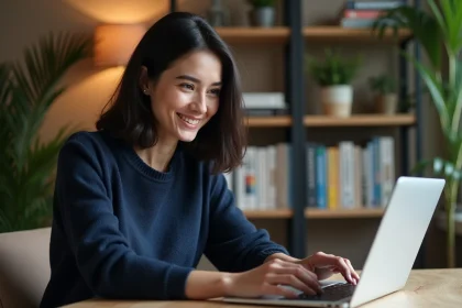 Femme naviguant sur un magazine en ligne depuis son bureau à domicile avec un ordinateur portable