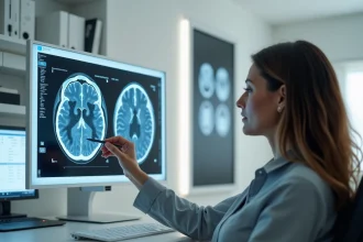 Neurologue examinant une IRM cérébrale montrant des taches blanches liées au stress chronique dans un cabinet médical