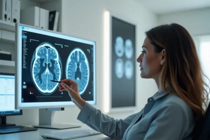 Neurologue examinant une IRM cérébrale montrant des taches blanches liées au stress chronique dans un cabinet médical