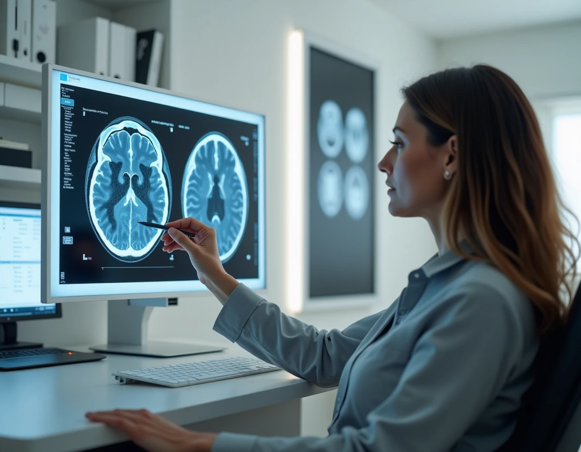 Neurologue examinant une IRM cérébrale montrant des taches blanches liées au stress chronique dans un cabinet médical