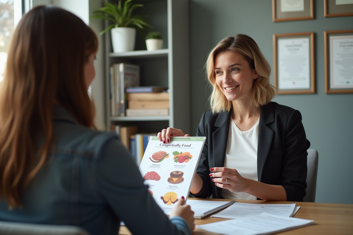 Nutritionniste expliquant un tableau alimentaire à une femme enceinte